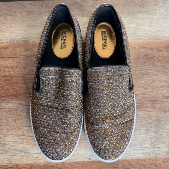 MICHAEL KORS Keaton MK Bedazzled Bronze Rhinestone Slip On Sneakers - Picture 4 of 15